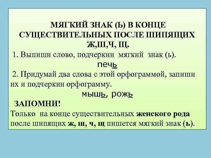 Употребление ь на конце шипящих. Мягкий знак после шипящих. Написание мягкого знака в существительных. Мягкий знак после шипящих на конце существительных. Существительных с мягким знаком на конце после шипящих.