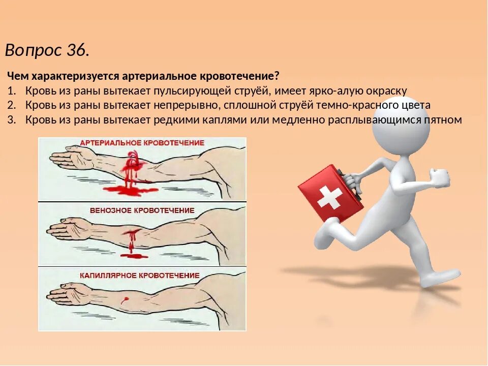 Артериальное венозное и капиллярное кровотечение. Кровотечение алого цвета. Кровь алого цвета вытекает пульсирующей струей. Кровь алого цвета вытекает из раны пульсирующей струей. Первая помощь тест по обж 8 класс