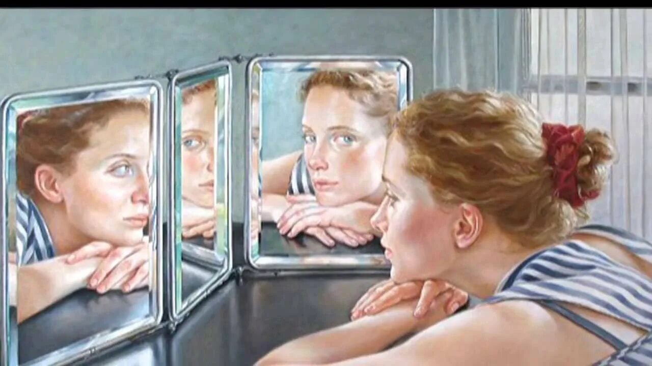В зеркале вижу себя другой. Разговор перед зеркалом. Женщина смотрится в зеркало. Взгляд в зеркало. Женщина в зеркале картина.