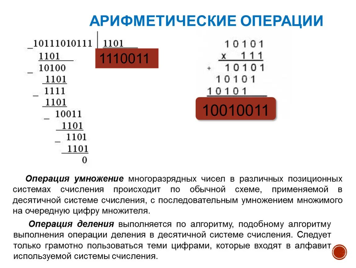 Арифметические операции в кодах. Система счисления арифметические операции в двоичной системе. Правила выполнения арифметических операций в двоичной системе. Выполнение арифметических операций в позиционных системах счисления. Арифметические операции в системах исчисления.