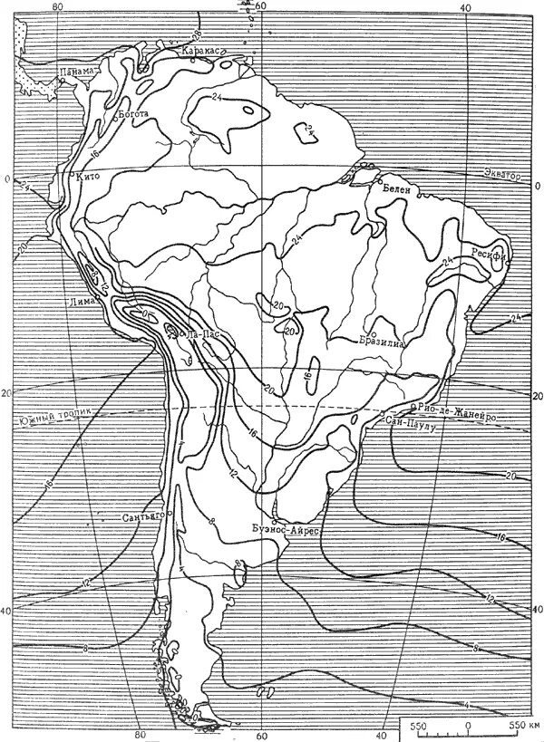 Климатическая карта Южной Америки контурная. Климат Южной Америки на контурной карте. Изотермы июля в Южной Америке. Изотермы января Южная Америка.