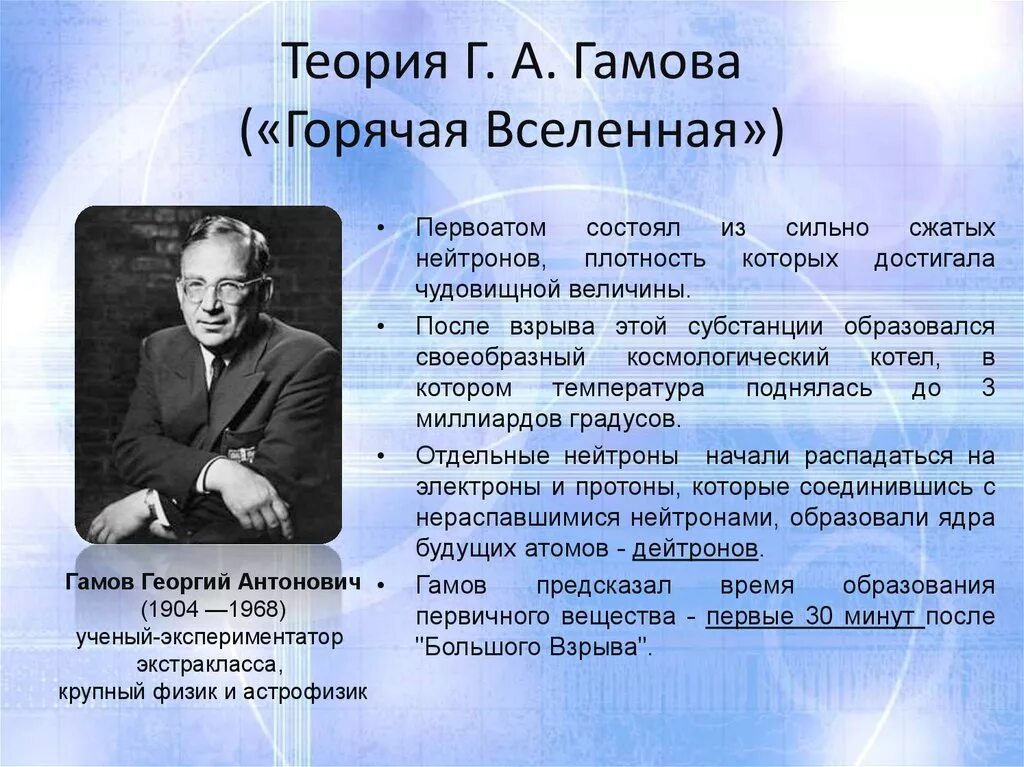 Открытия писателей. Теория горячей Вселенной Гамова. Теория горячей Вселенной Георгия Антоновича Гамова. Теория Гамова гипотеза горячей Вселенной.