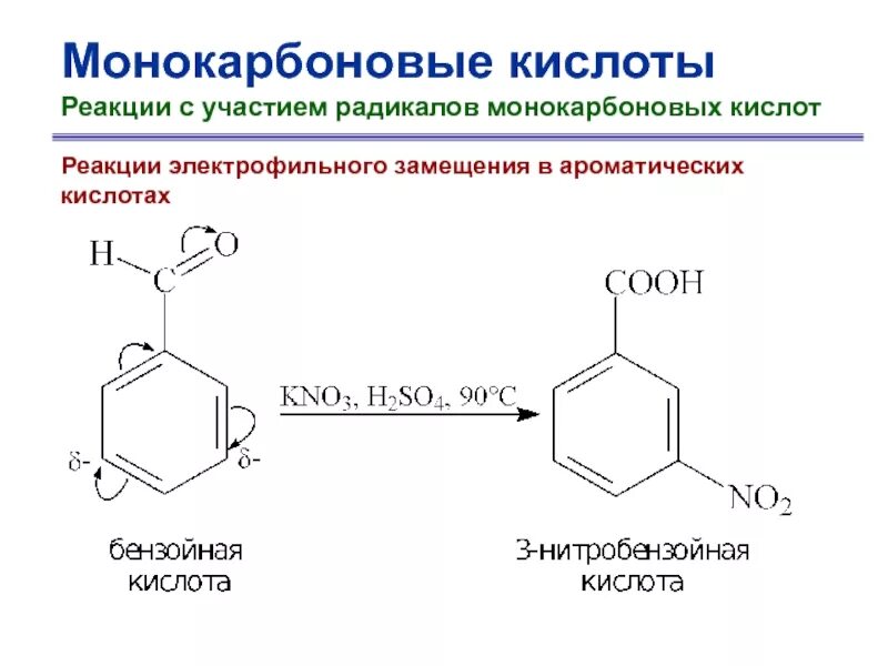 Монокарбоновые кислоты ароматического ряда. Электрофильное замещение ароматических кислот. Карбоновые кислоты ароматического ряда химические свойства. Электрофильное замещение бензойной кислоты.