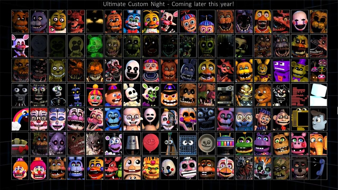 Ultimate custom night аниматроники. ФНАФ ультимейт кастом Найт. FNAF Ultimate Custom Night персонажи. ФНАФ 7 таблица АНИМАТРОНИКОВ. ФНАФ ультимейт кастом Найт персонажи.