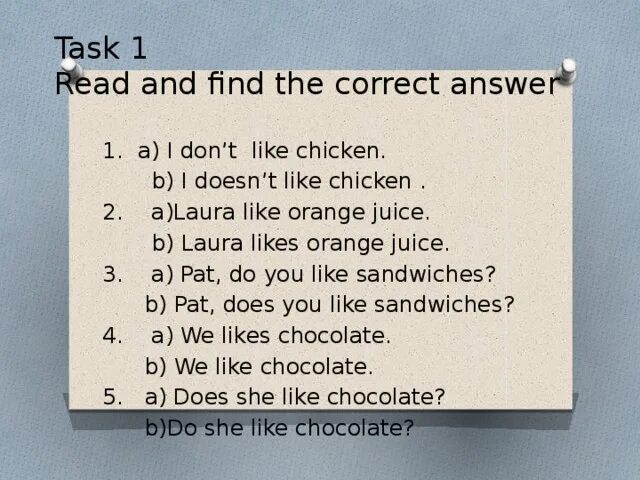 Laura like Orange Juice или Laura likes Orange Juice. Read and correct ответы. Стихотворение i like Chicken. Read and choose Laura like Orange Juice.