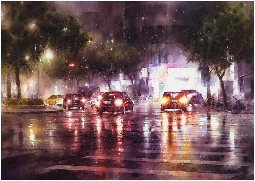 Дождь в большом городе. Художник Лин Чинг че акварель. Тайваньский художник Лин Чинг че. Дождливые акварели Lin Ching che.