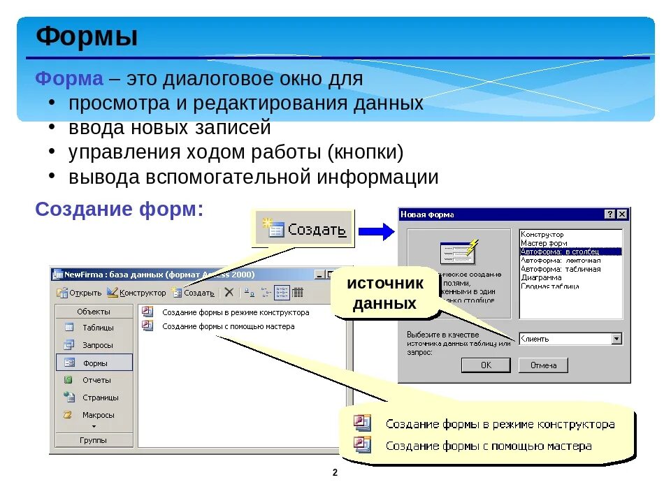 Получение и изменение данных. Формы в базе данных access. Система управления базами данных access (СУБД) окно. Создание форм базы данных. Источник данных для формы.