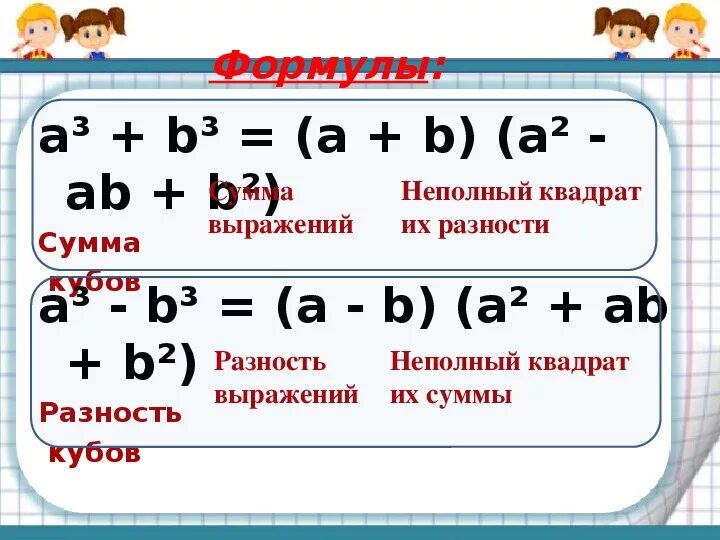 Формула куба суммы и разности двух выражений. Неполный квадрат разности формула. неполный квадрат суммы и разности. формула неполного квадрата. неполный квадрат суммы формула.