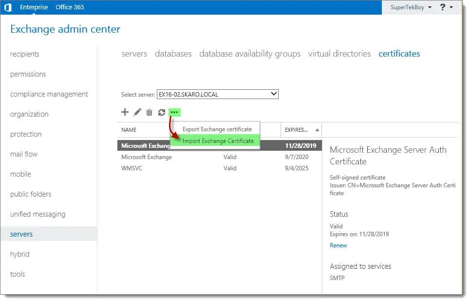Импорт сертификата Exchange. Exchange admin Center. Exchange 2016. Домен и сервер почты Exchange.