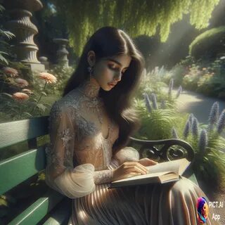 a tender and tiny 18 years old girl reading a book sitting on a park bench....