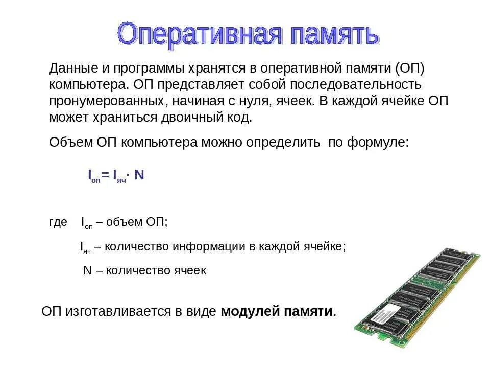 Определите организацию хранения данных. Память компьютера таблица Оперативная память. Что хранится в оперативной памяти компьютера. Типы модулей оперативной памяти. Хранение информации в оперативной памяти.