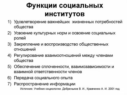 Назовите социальные институты и их функции