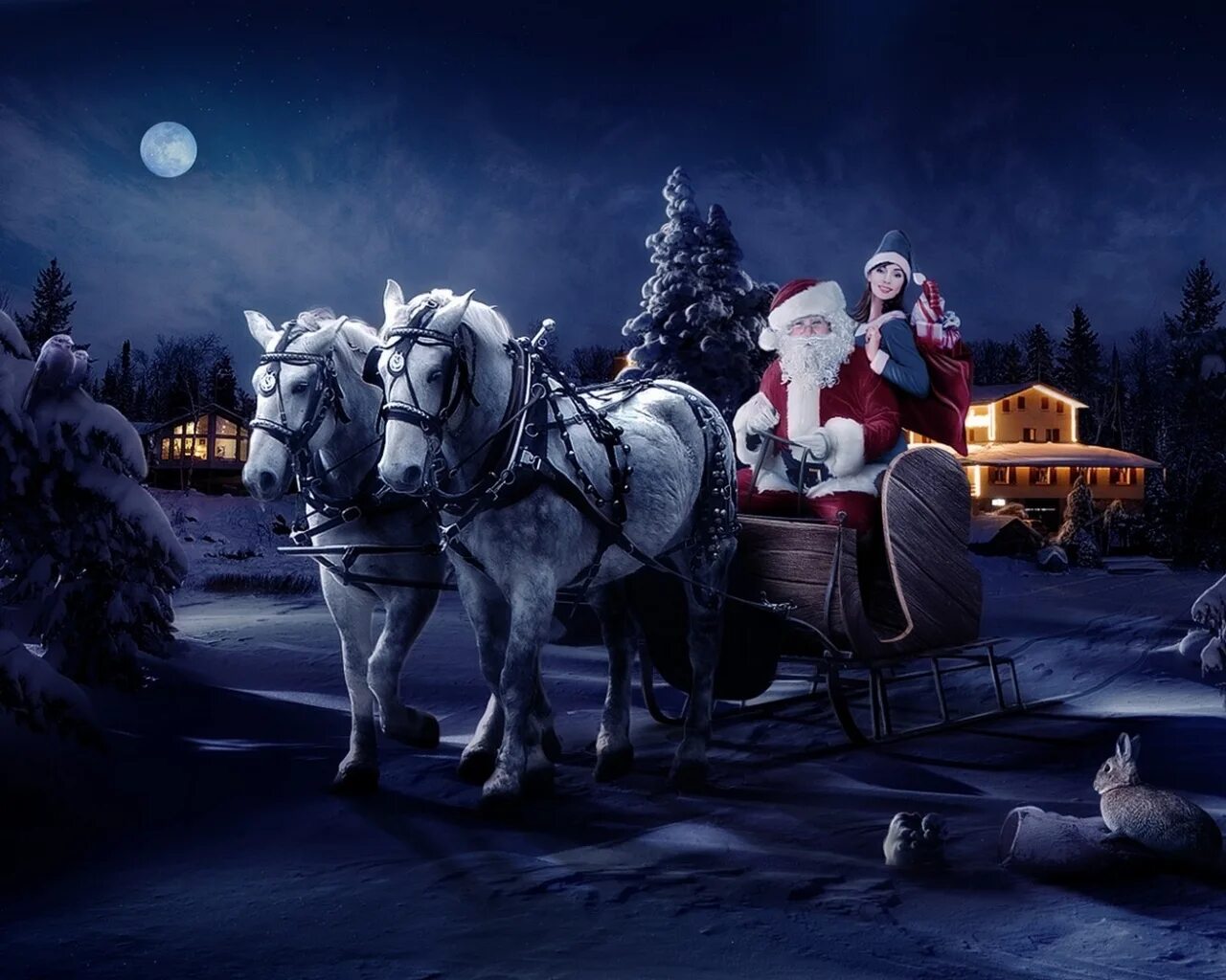 Елка и камин. Крутые новогодние заставки. Новогодние картинки на рабочий стол. Новогодняя тройка лошадей рождественской ночью. Новогодняя заставка на рабочий стол.