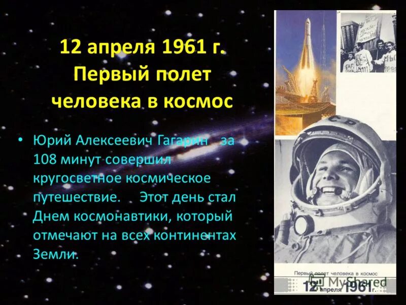 1961 первый полет человека в космос. полет гагарина в космос 12 апреля 1961. а. гагарина в космос – 12 апреля 1961 г. 12 апреля 1961 года юрий гагарин совершил первый полёт в космос.