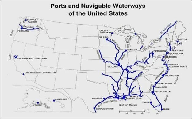 Карта водных путей США. Карта транспортных путей США. Водные пути США. Внутренние водные пути США.
