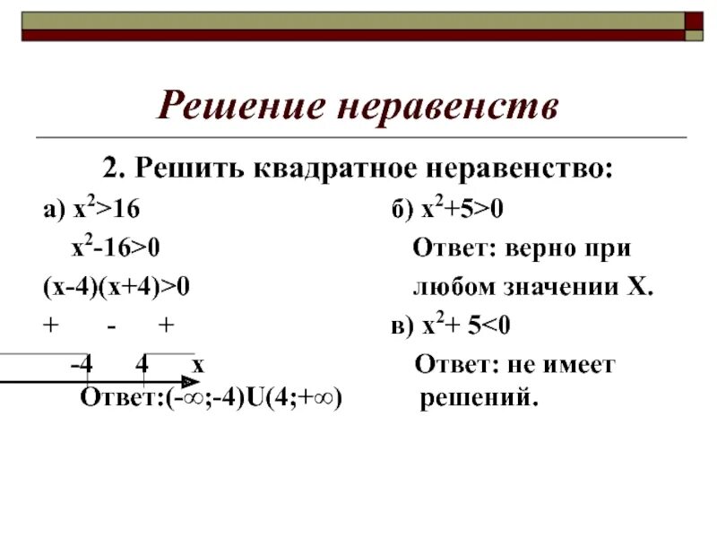 2 х2 16 0. Решение неравенств. Решение квадратных неравенств. Решить квадратное неравенство. Решение неполных квадратных неравенств.