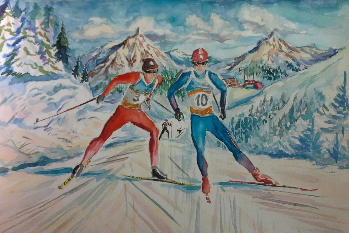 Картина лыжники. Картины на тему спорт. Лыжник рисунок. Рисунок на тему лыжи. Лыжники живопись.