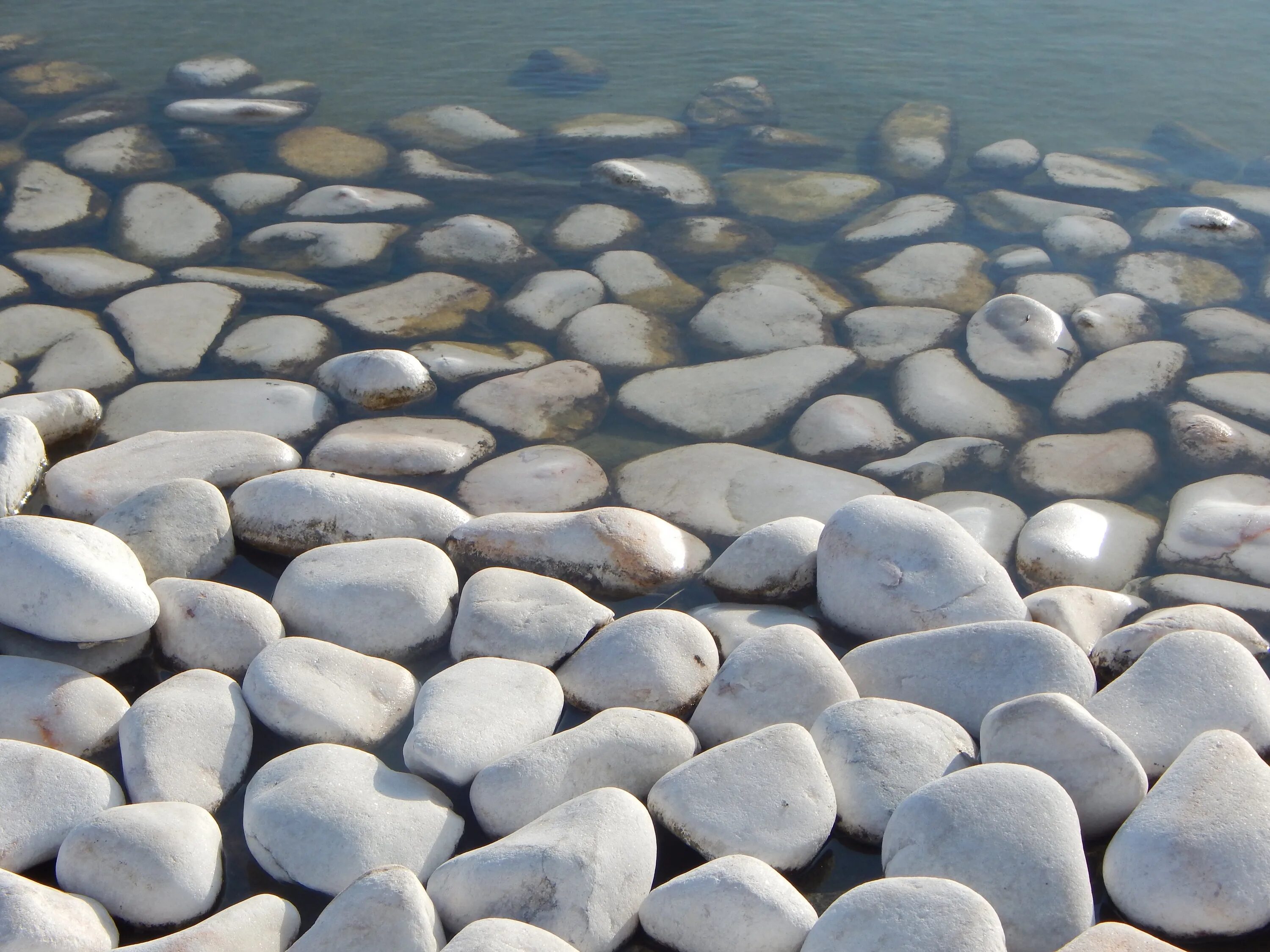 Крупная галька. Серая галька. Галька в воде. Белые морские камни. Усеянном гальками