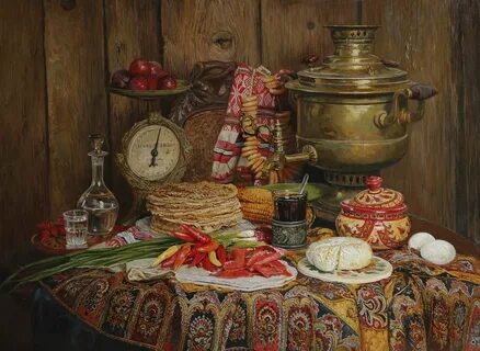 Стол с самоваром и блинами