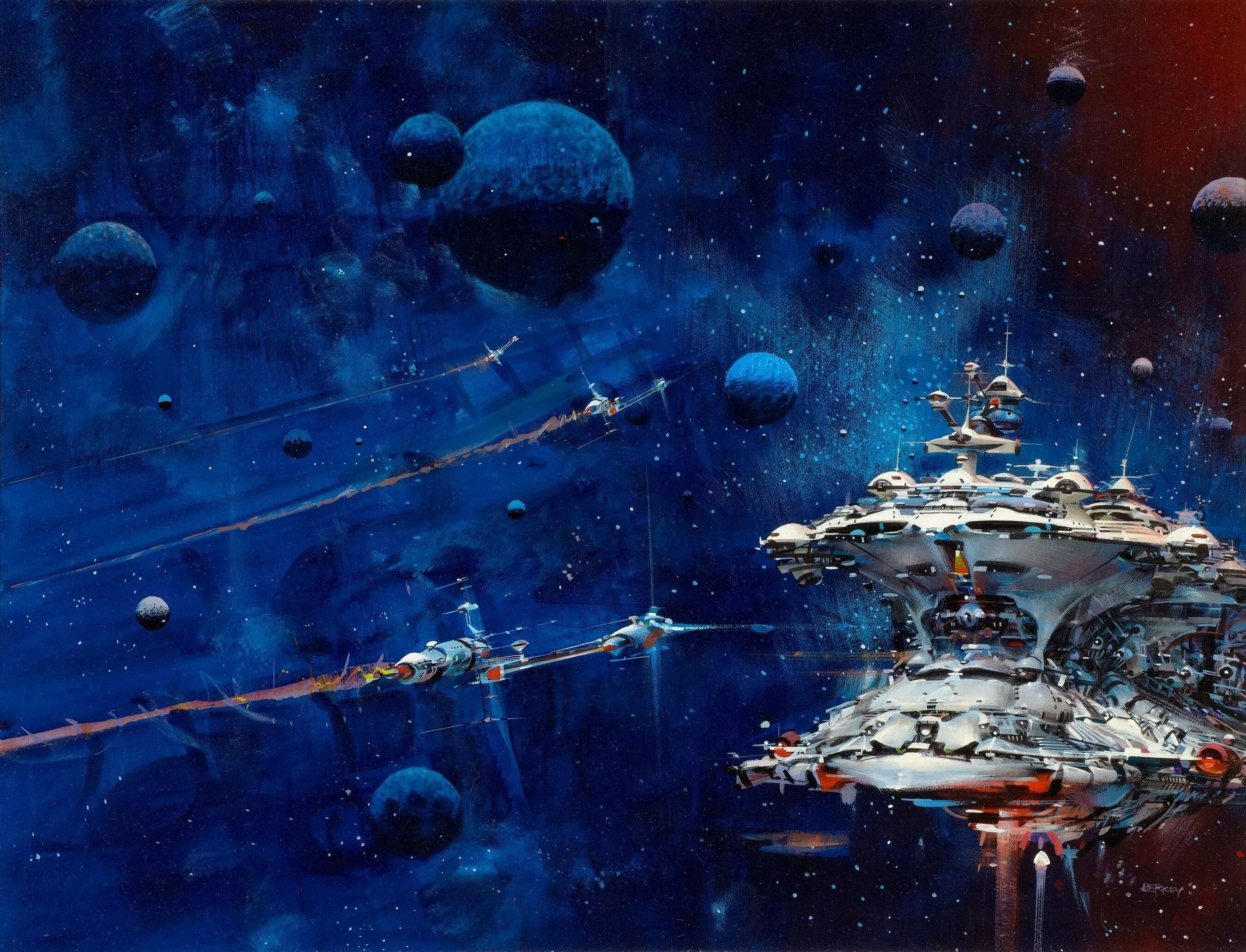 Джон Берки John Berkey. Космическая живопись. Космический корабль. Корабль в космосе.