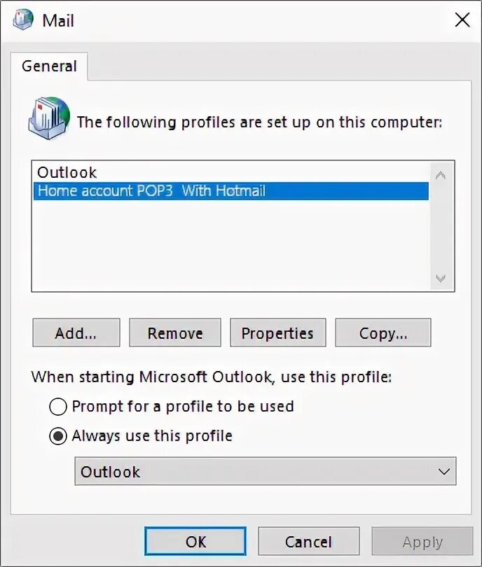 Create new profile. Mail profile. microsoft forms to help prevent malicious code from running outlook.