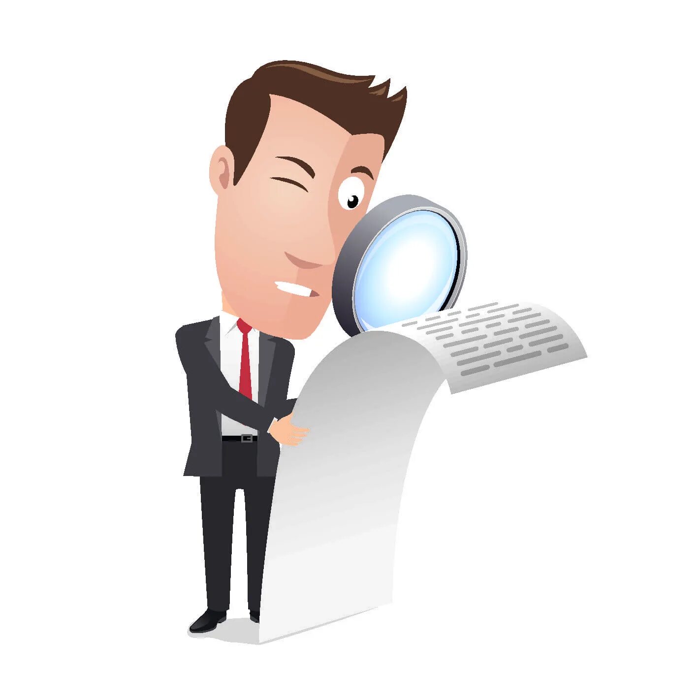 Устроиться на работу. Мужчина в офисе. Человек с лупой. Проверка кандидатов при приеме на работу. Полиграф.