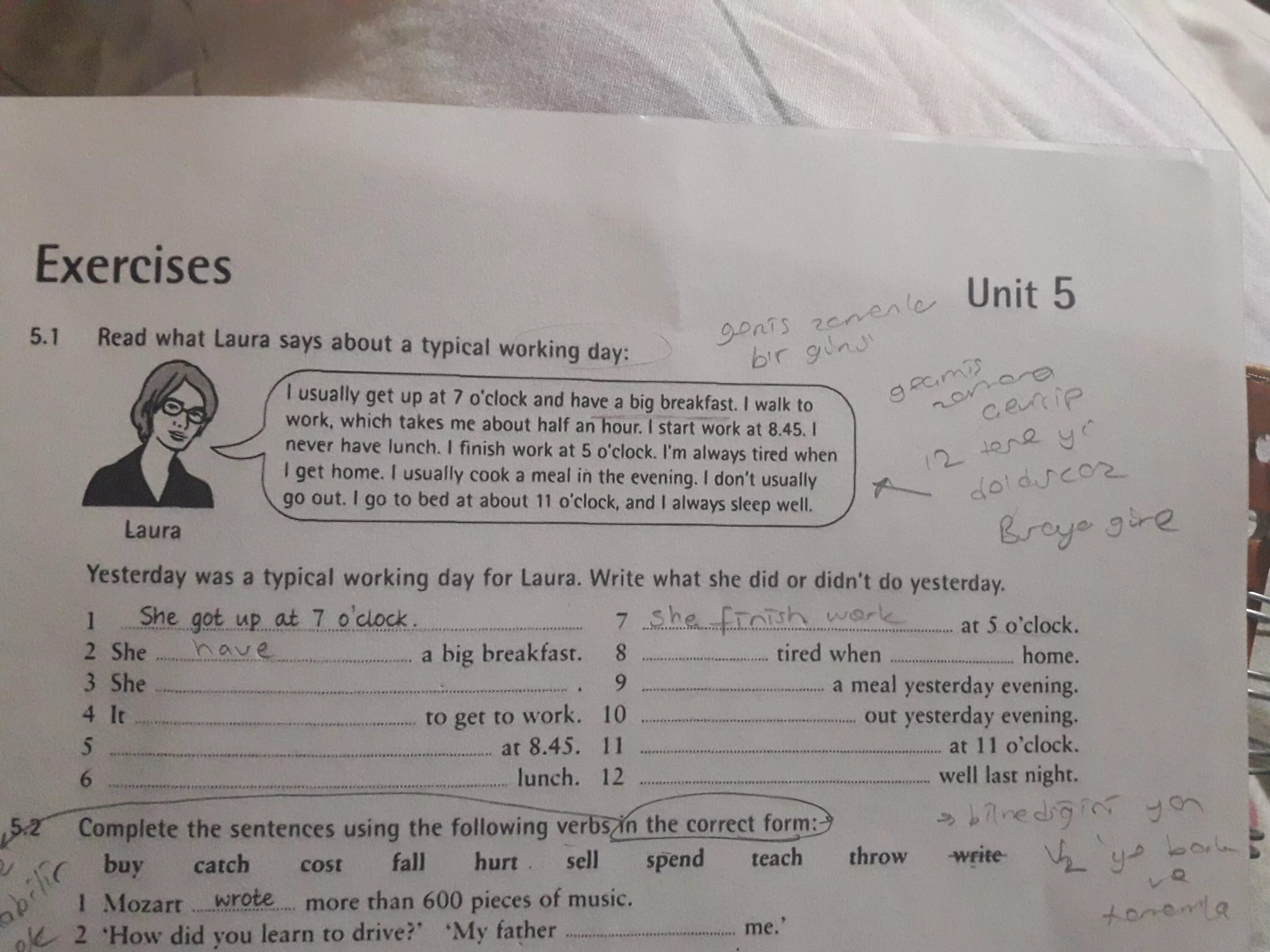 Complete the sentences 1 yesterday. Exercises Unit 5 ответы. Read what Laura says about a typical working Day 5.1 ответы. Exercises Unit 5 ответы 5.1 past simple. Exercise Unit 42 ответы.