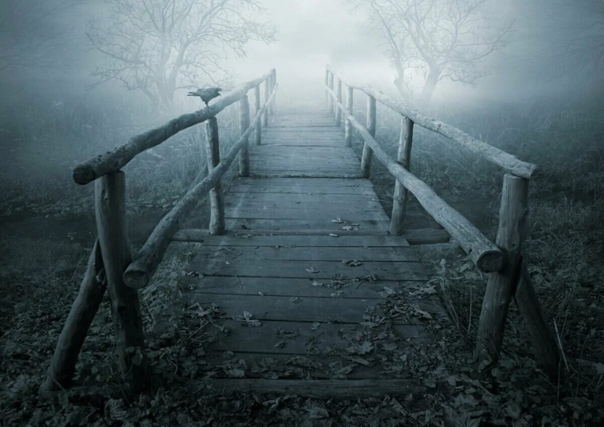 Мрачный пейзаж. Мрак одиночество. Мост в никуда. Лестница в тумане. Направо и налево чернели таинственные пропасти