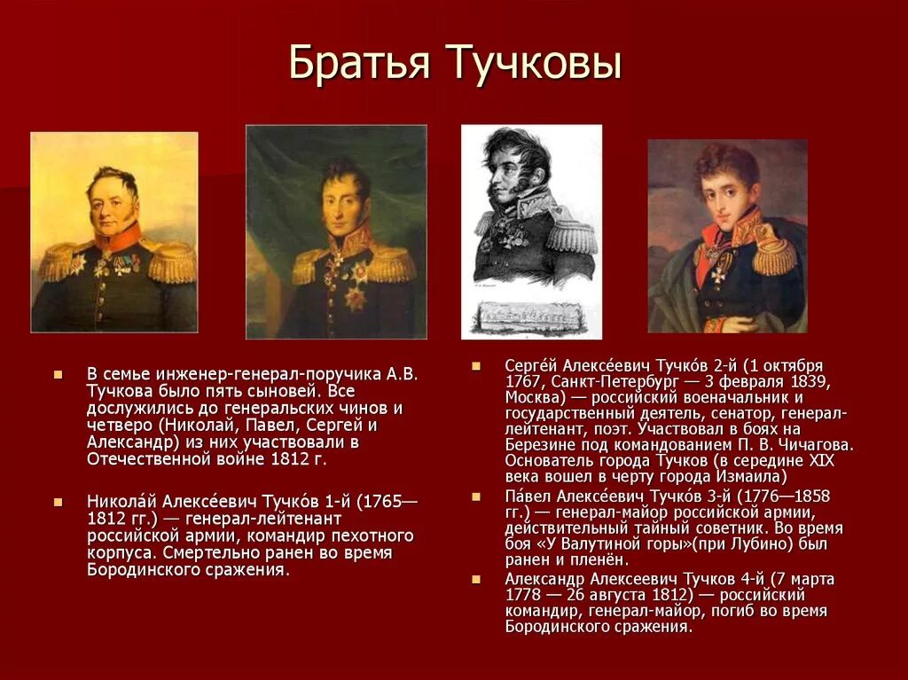 Герои отечественной войны 1812 года кратко биография. Братья Тучковы герои Отечественной войны 1812. Тучков 4 герой войны 1812 года. Тучковы герои войны 1812 года генералы войны. Тучковы герои войны 1812.