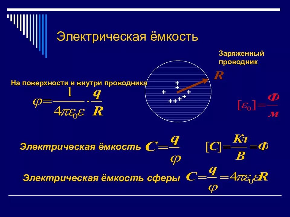 Электрическая емкость 11. Конденсатор физика 10 класс формулы. Электрическая емкость 11. Формула для вычисления электроемкости конденсатора. Электроемкость удельного проводника.