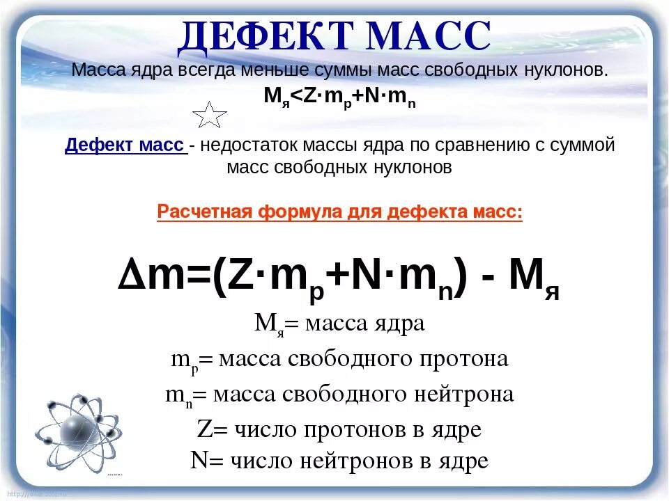 Ядерная масса и энергия. Энергия связи дефект масс формулы. Дефект массы и энергия связи атомных ядер. Формула расчета дефекта массы атомного ядра. Дефект массы атомного ядра.