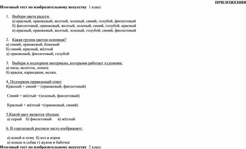 Итоговая контрольная работа по изо 5 класс