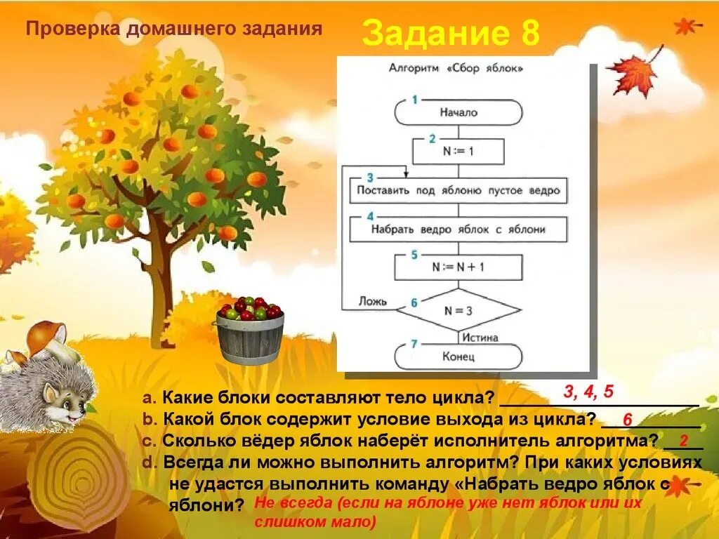 Алгоритмы задания 9 класс. Алгоритм сбор яблок. алгоритм сбор яблок информатика. алгоритм с условием 4 класс. какие блоки составляют тело цикла.