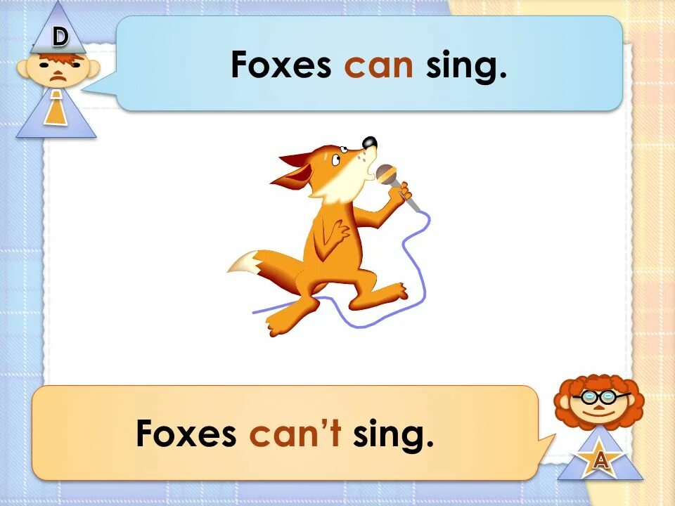 Презентация на тему can cant. Fox английский. ,Fox Sing a can,, can t. ,Fox Sing a can,, can t составить предложение.