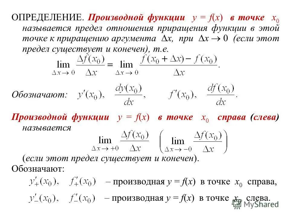 Производная функции в точке x. Производная функции y = f(x) в точке x0 это. по определению производная функции f(x) в точке x0. производной функции в точке называется предел отношения. производной функции в точке х0 называется предел.
