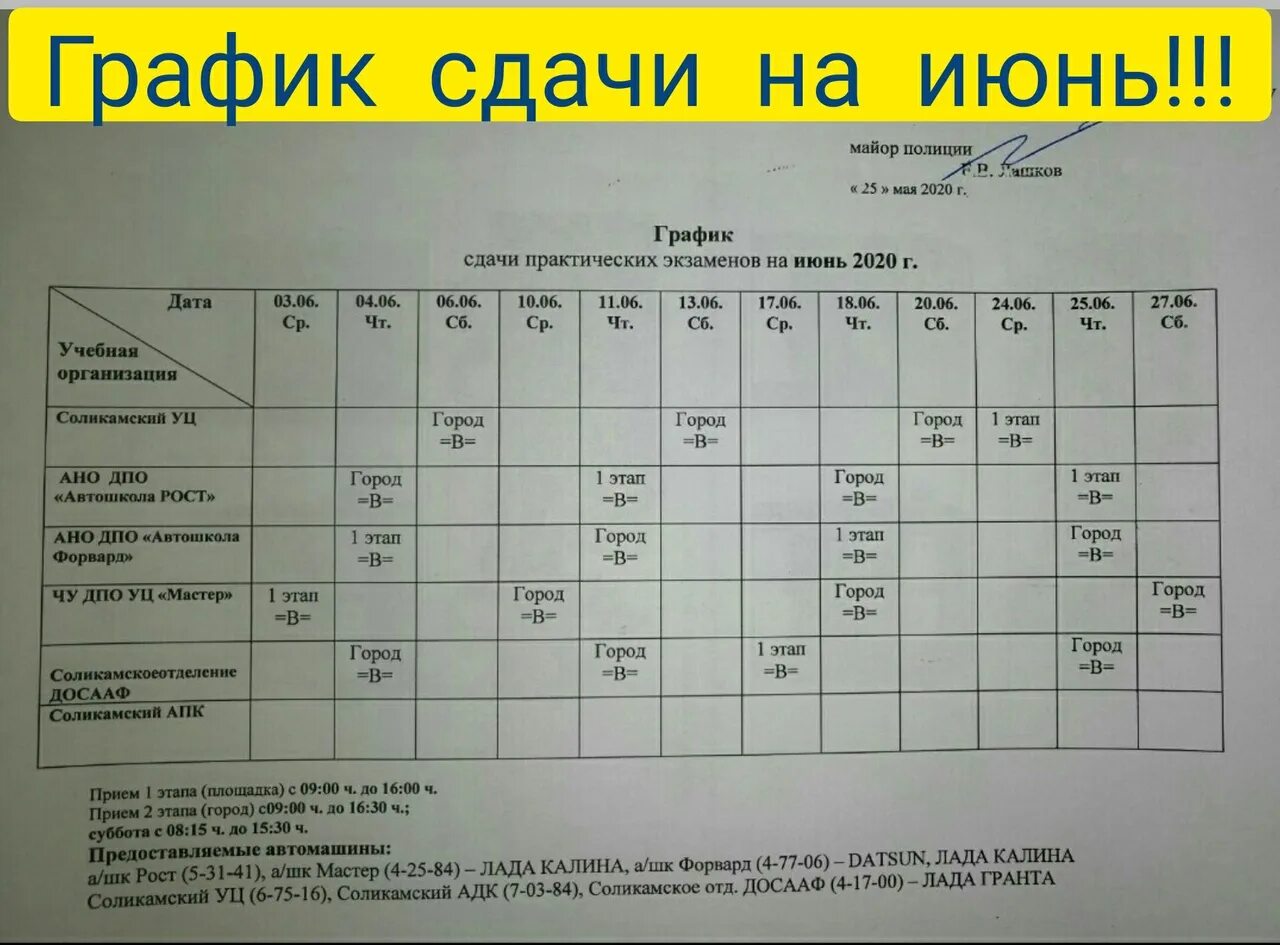 Всем добрый день!!! График сдачи практических экзаменов на июнь 2020г. 2020 "Авт