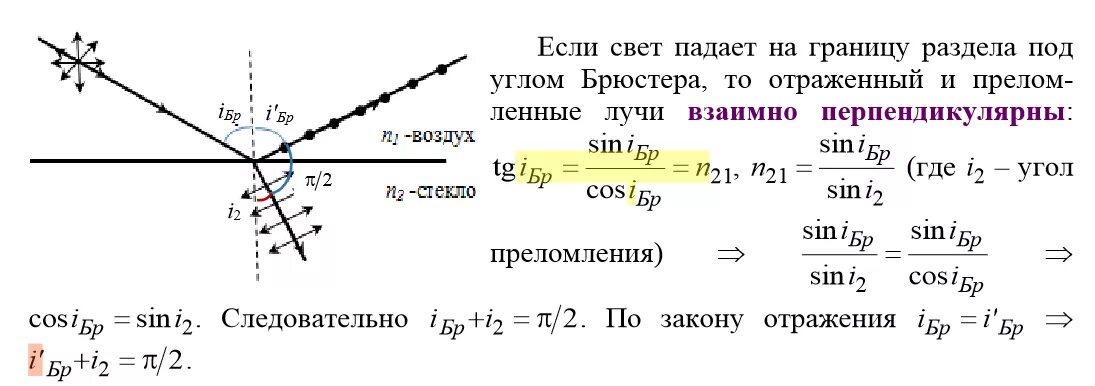 Луч света падает на границу 32. Закон Брюстера вывод формулы. Угол полной поляризации формула. Выведение формулы Брюстера. Поляризация при отражении и преломлении закон Брюстера.