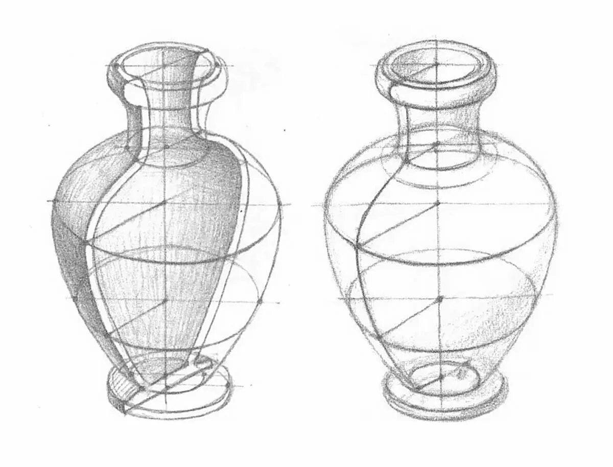 Линейно конструктивный рисунок Крынка. Ваза карандашом. Конструктивное построение предметов. Конструктивное построение вазы.