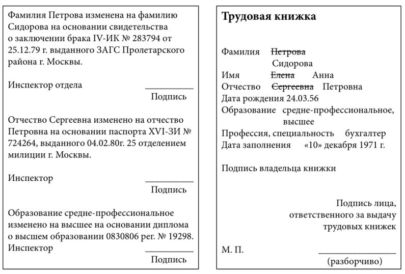 Внести изменения в трудовую книжку об образовании образец. Изменение образования в трудовой книжке образец. Запись в трудовой книжке об изменении отчества. Запись исправления фамилии в трудовой книжке.