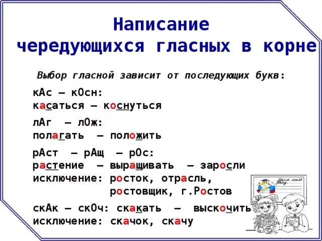 Чередование гласной зависит от согласного. Написание чередующихся гласных. Правописание чередующихся гласных. Правописание гласных в корнях слов. Гласные в корнях с чередованием.