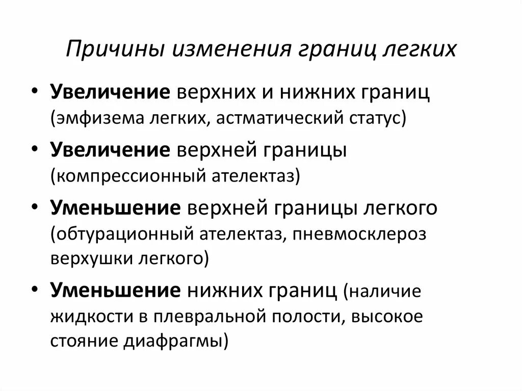 Причины изменений в легких. Границы легких при эмфиземе. Причины изменения границ легких. Нижние границы легких при эмфиземе. Причины изменения верхних границ легких.