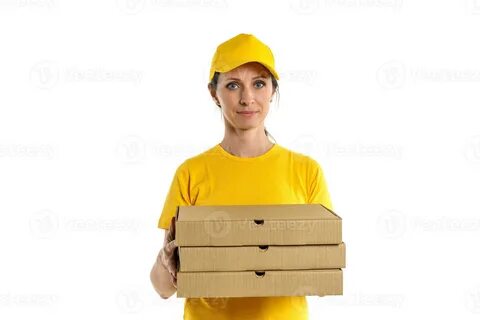 Download the Woman in yellow pizza delivery girl on white background 588494...