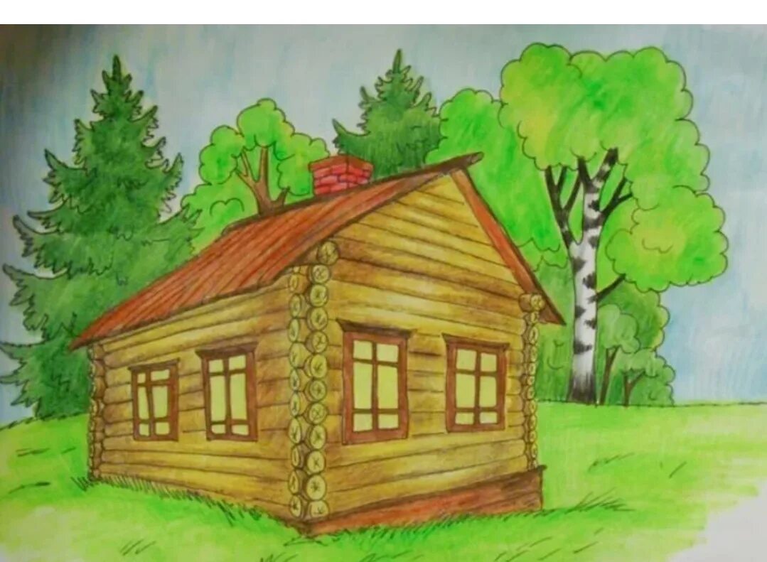 Рисуем дом 1 класс презентация. Изба рисунок. Деревенский домик для рисования. Дом рисунок. Рисование деревянный дом.