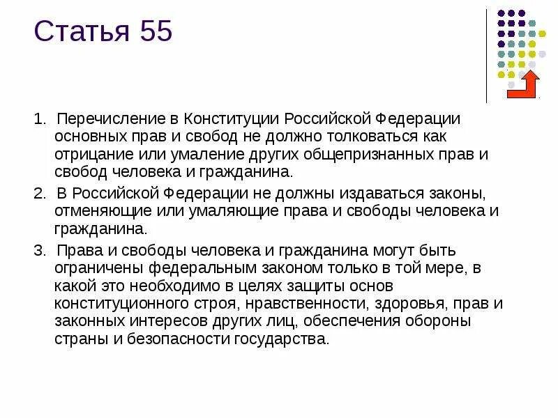 Ограничение прав граждан конституция рф. Ст 55 Конституции РФ часть 3. 55 Статья Конституции РФ. Ст 55 Конституции РФ гласит. Статья 55 Конституции Российской Федерации.