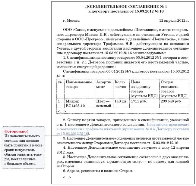 Соглашение об изменении суммы договора