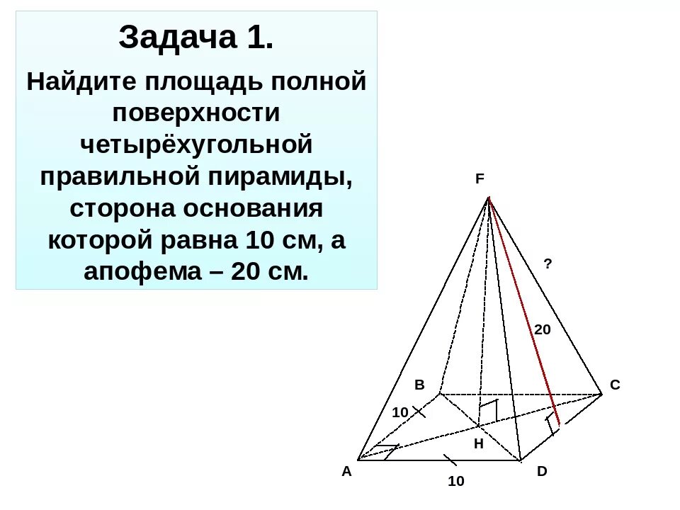Сторона основания пирамиды через апофему. Апофема правильной четырехугольной пирамиды. Формула апофемы правильной четырехугольной пирамиды. Апофема треугольной пирамиды. Апофема основания пирамиды.