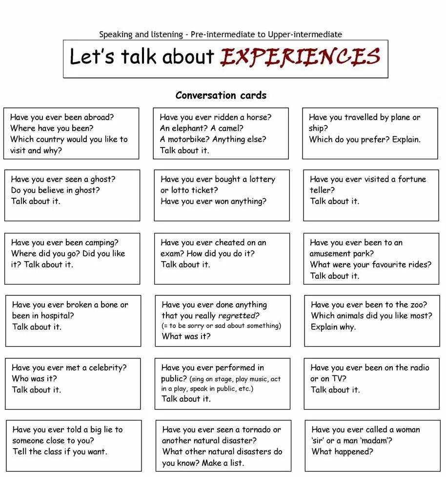 Questions about experience. Let s talk about experiences. Speaking questions for pre-Intermediate students. Lets talk about Worksheets. Let's talk about Worksheets experience.
