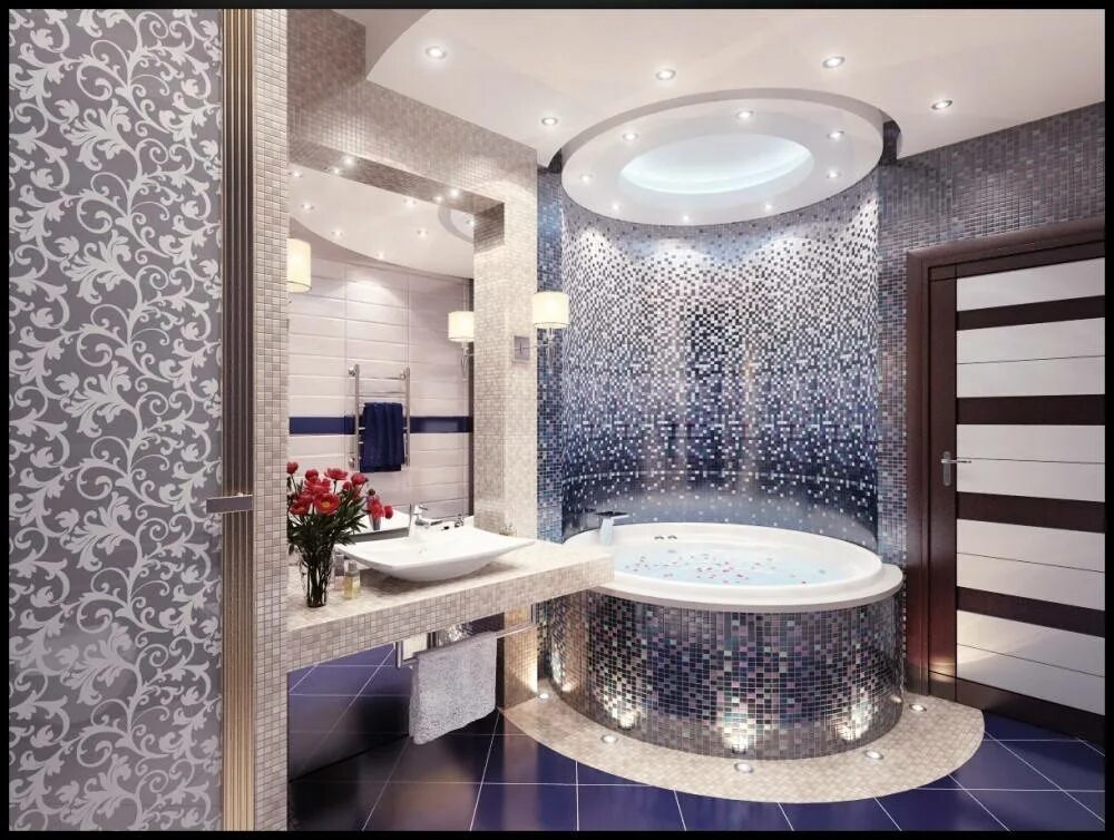 Красивые Ванные комнаты. Санузел с джакузи. Мозаика в ванной комнате. Интерьер ванной комнаты.