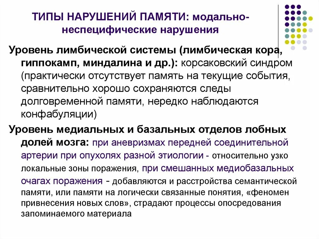 Память на текущие события. Модально неспецифические расстройства памяти. Нарушение кратковременной памяти. Нарушения памяти при локальных поражениях мозга. Модально-неспецифические нарушения памяти возникают при поражении.