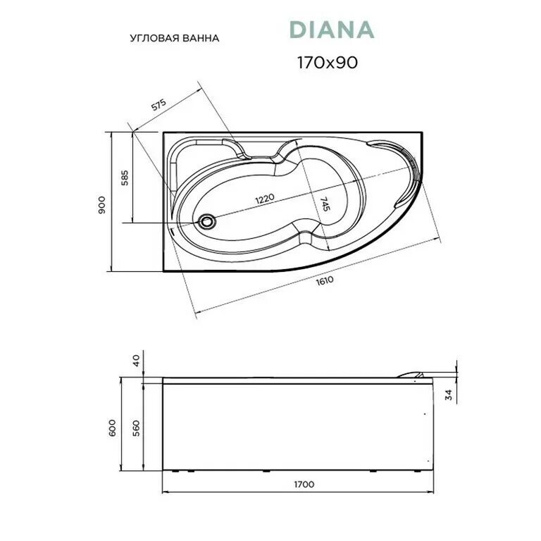 Акриловая ванна 1marka Diana l. Ванна 1marka Diana 150x90. 1марка акриловая ванна Diana 170х90 r.